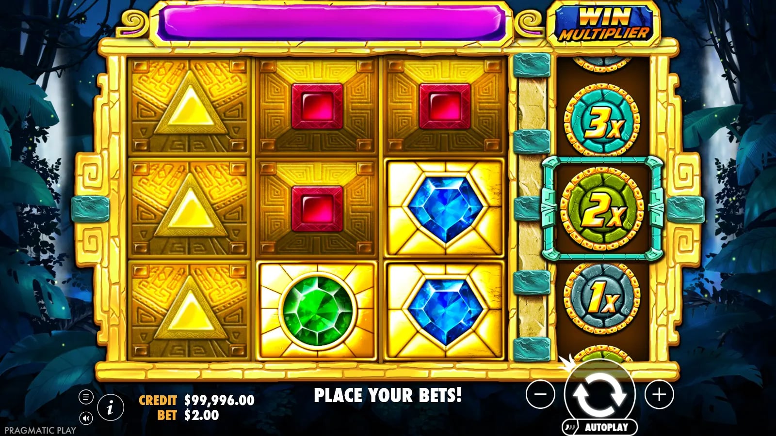 Aztec Gems settled ordinary board at a $2 virtual bet, with a selected 2× symbol and no displayed WIN amount.