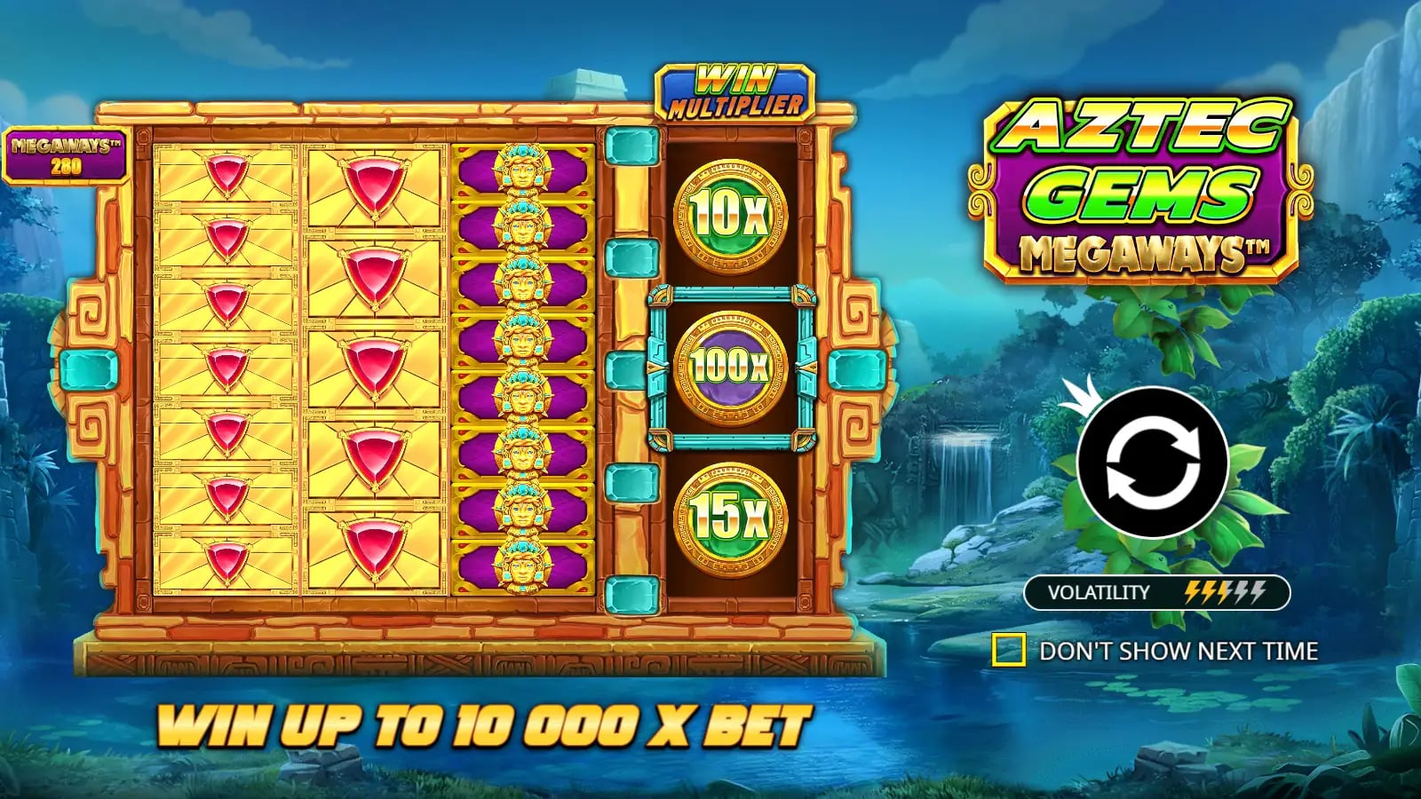 Aztec Gems Megaways opening illustration with example multiplier coins.