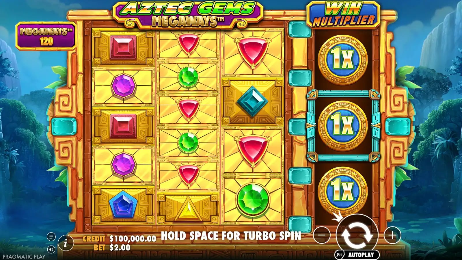 Aztec Gems Megaways ordinary jewel grid showing 120 Megaways and 1× coins.