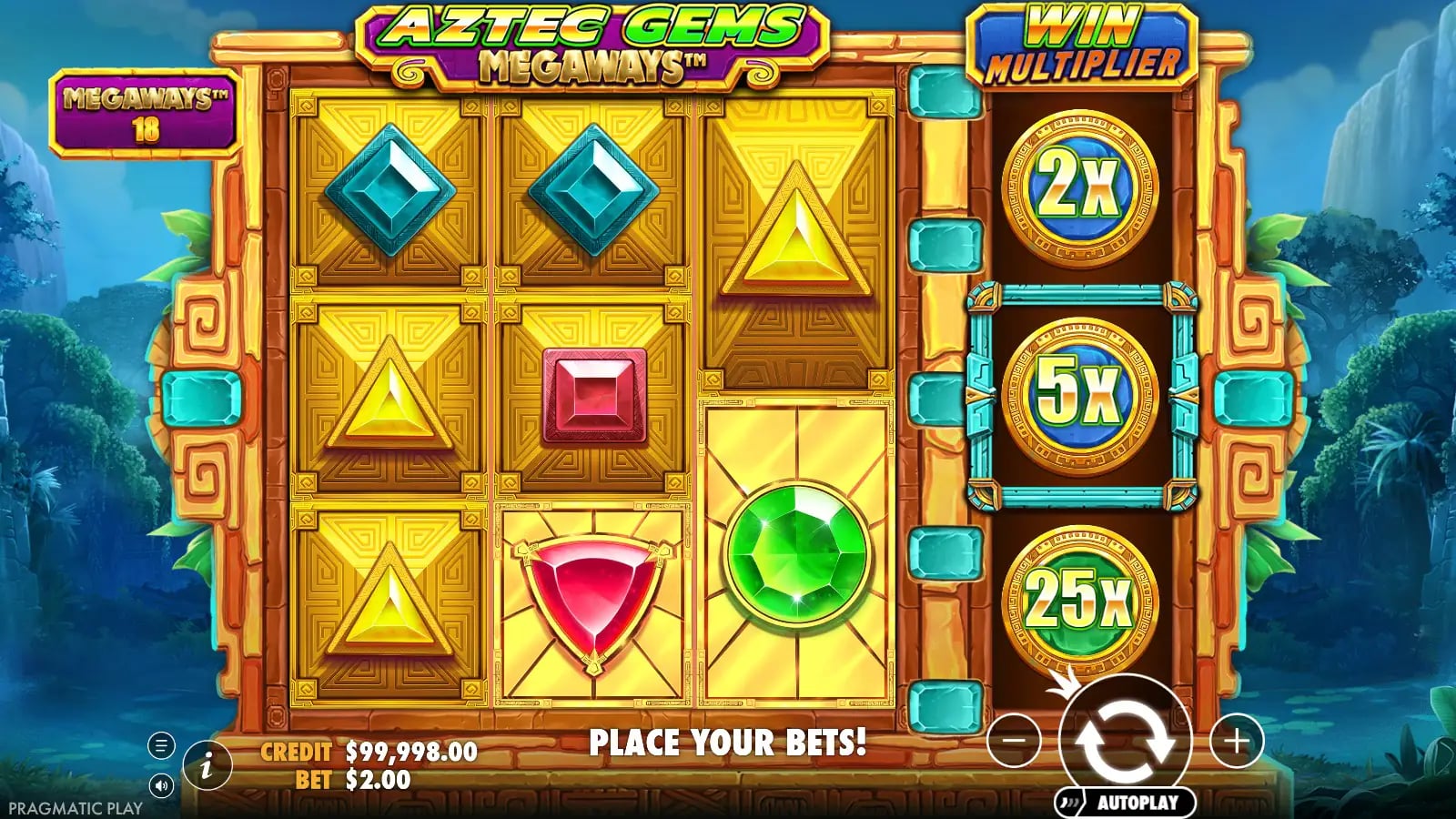 Aztec Gems Megaways later board showing 18 Megaways and multiplier badges.