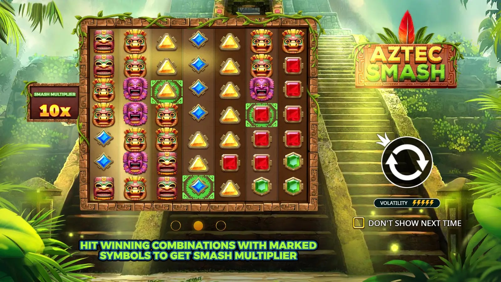Aztec Smash official introductory rules frame with seven-by-seven symbols, marked positions and a 10x Smash Multiplier example.