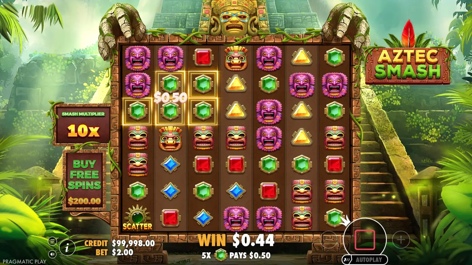 Aztec Smash live 7x7 cluster grid with multiplier and controls visible