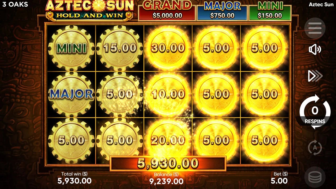 Aztec Sun: Fifteen Sun positions with Mini and Major awards