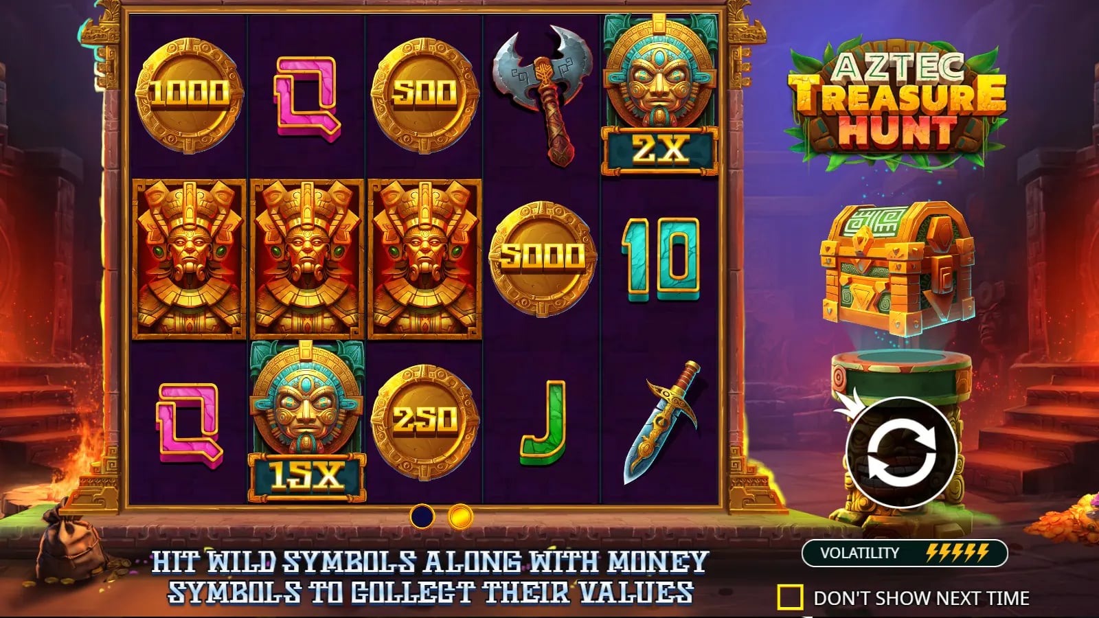 Aztec Treasure Hunt official demo with the full temple scene and five-reel cash grid