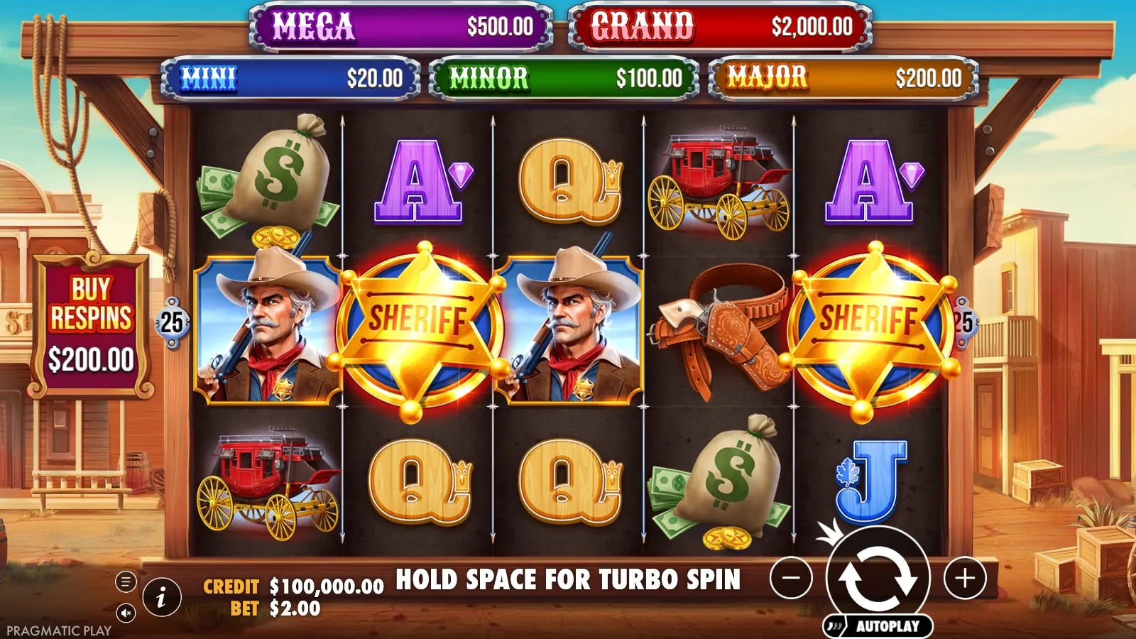 Badge Blitz base reels with two sheriff badges, five jackpot tiers and a Buy Respins control.