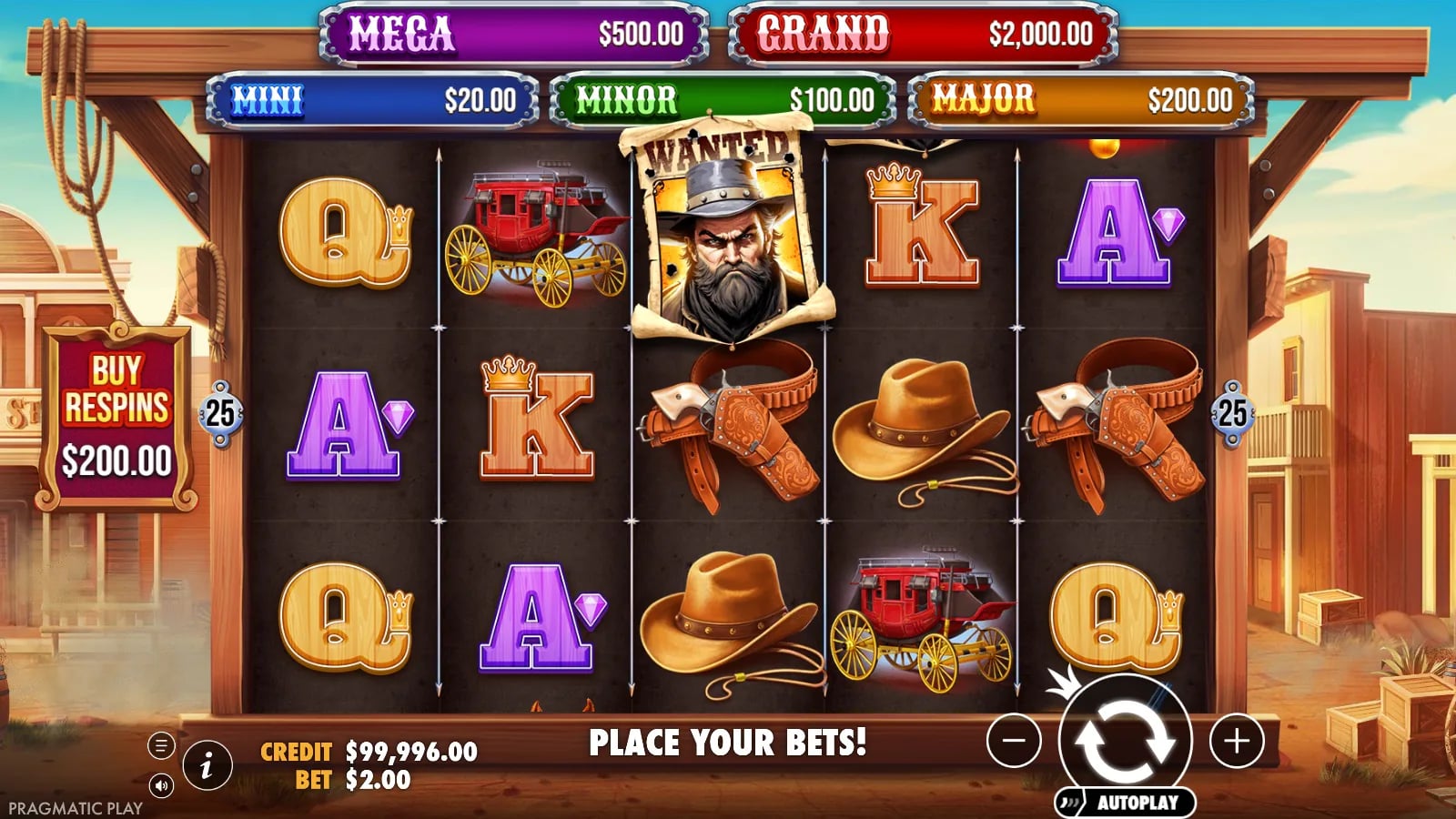 Badge Blitz base spin with a Wanted poster, hats, carriages and the jackpot strip.