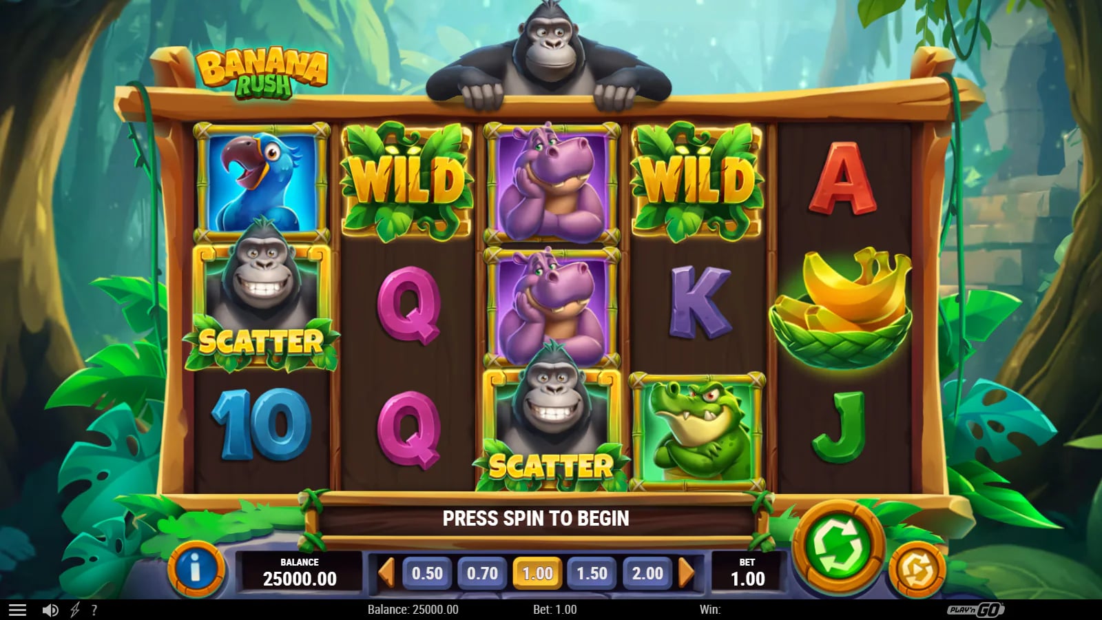 Banana Rush idle five-reel base-game grid with Wild and Gorilla Scatter symbols, stake 1.00 and balance 25,000.00.