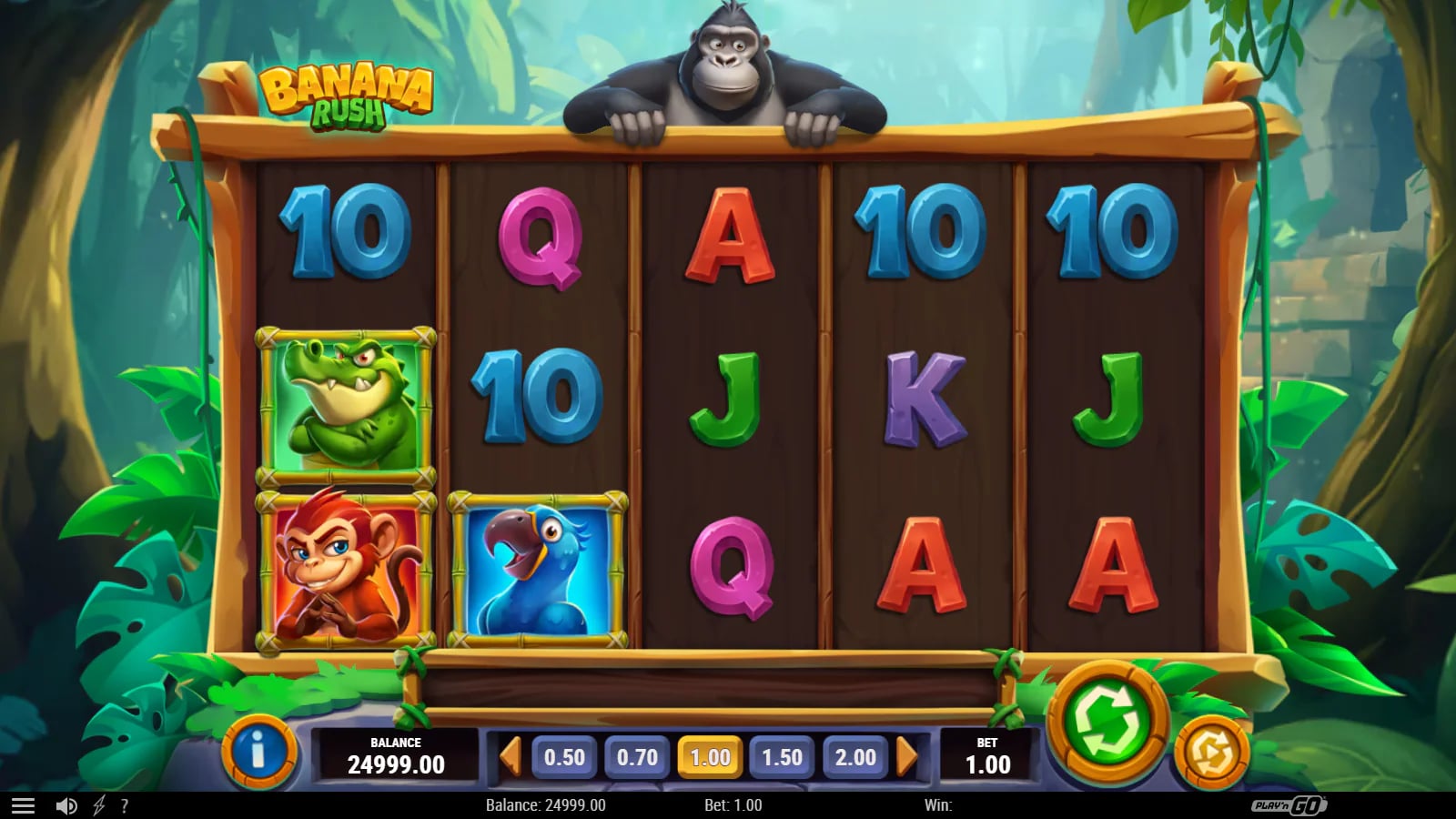 Banana Rush base-game reel result with animal and card symbols, balance 24,999.00 and stake 1.00.