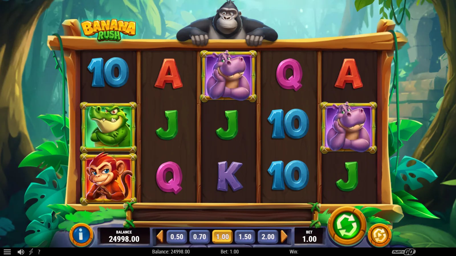 Banana Rush later base-game reel result with hippo and crocodile symbols, balance 24,998.00 and stake 1.00.