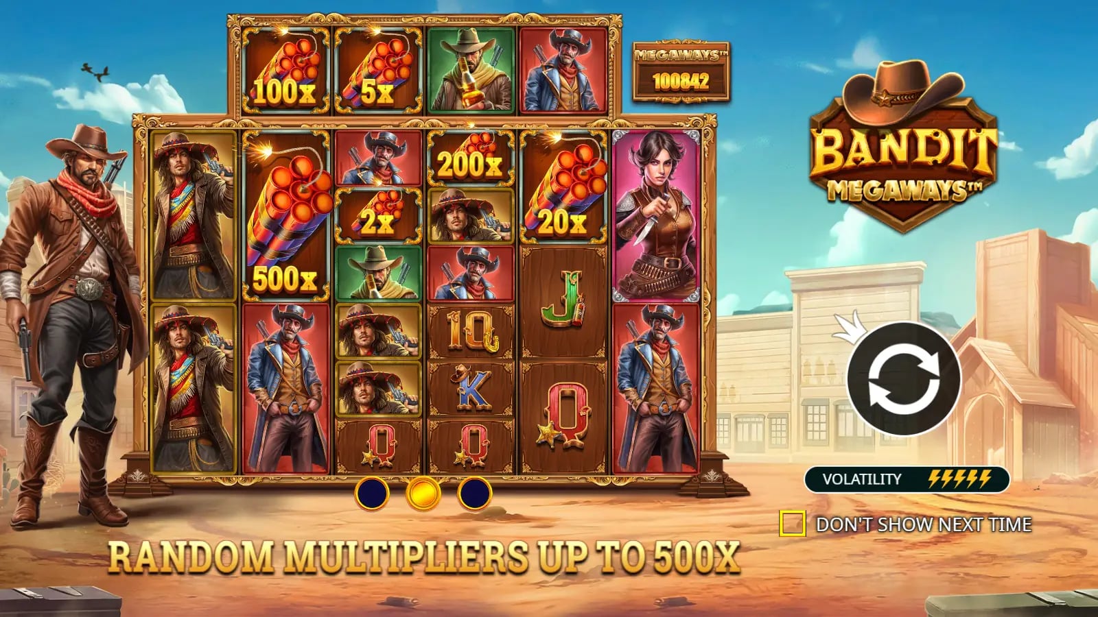 Bandit Megaways introductory overlay with six variable reels and example dynamite multiplier symbols.