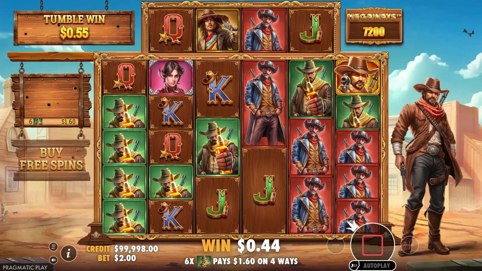 Bandit Megaways base-game tumble with 7,200 displayed ways, a $0.55 tumble total and virtual controls.