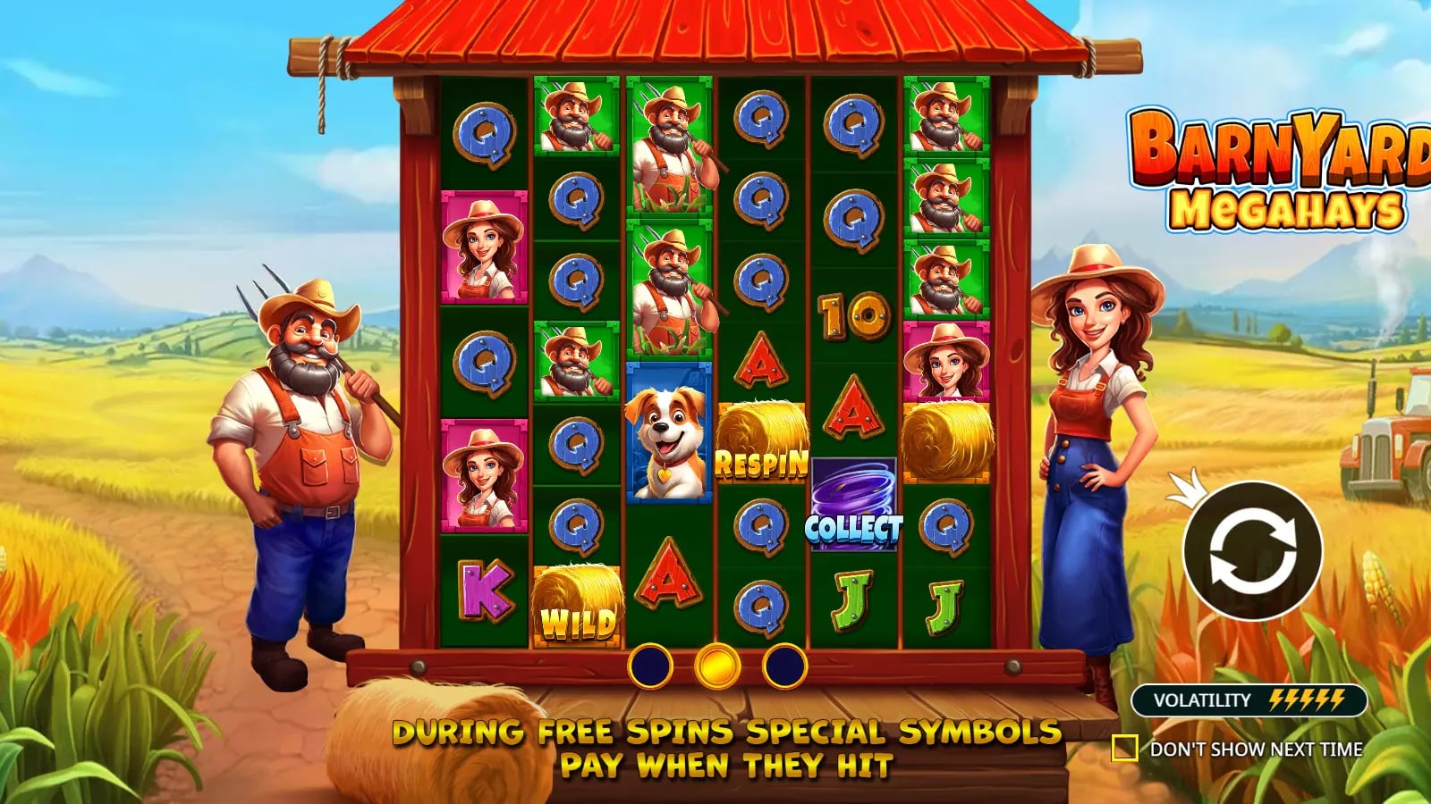 Barnyard Megahays Megaways opening artwork with farmer, animals and example reels