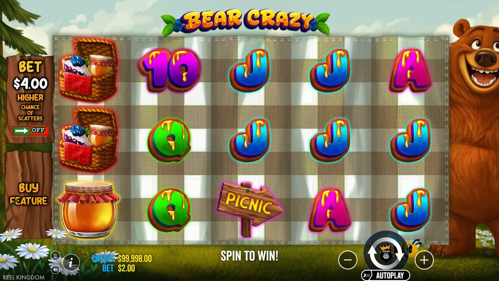 Bear Crazy base spin with bear characters, picnic symbols and twenty winlines