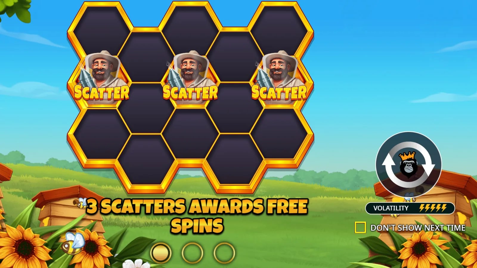 Bee Keeper pre-play illustrated honeycomb screen with scatter symbols