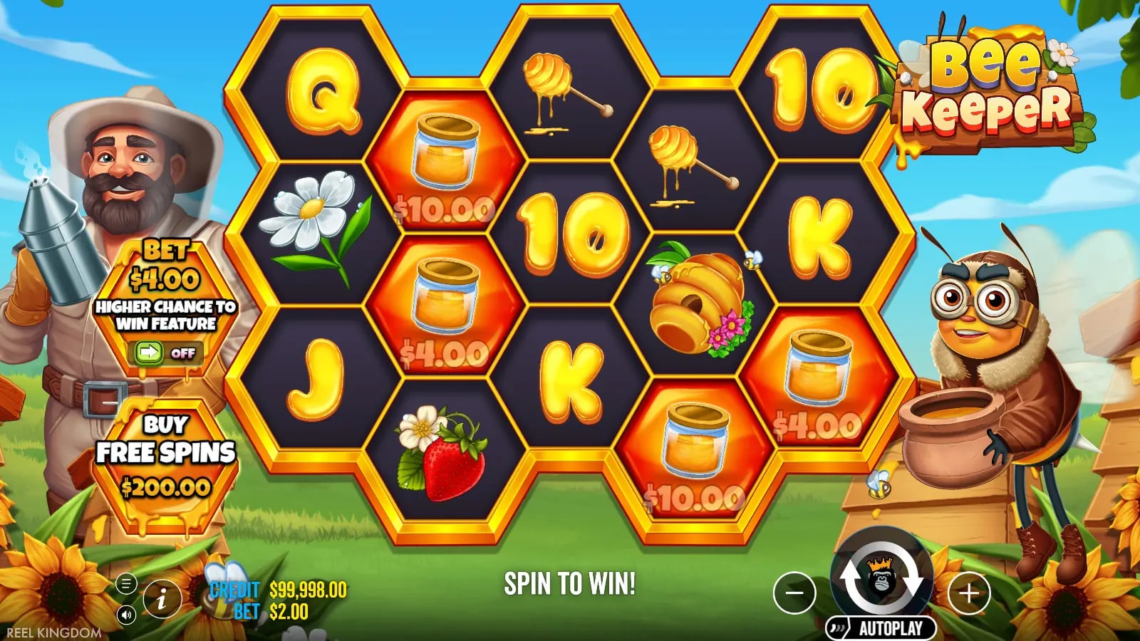 Bee Keeper ordinary five-reel result with honey cash values and purchase control