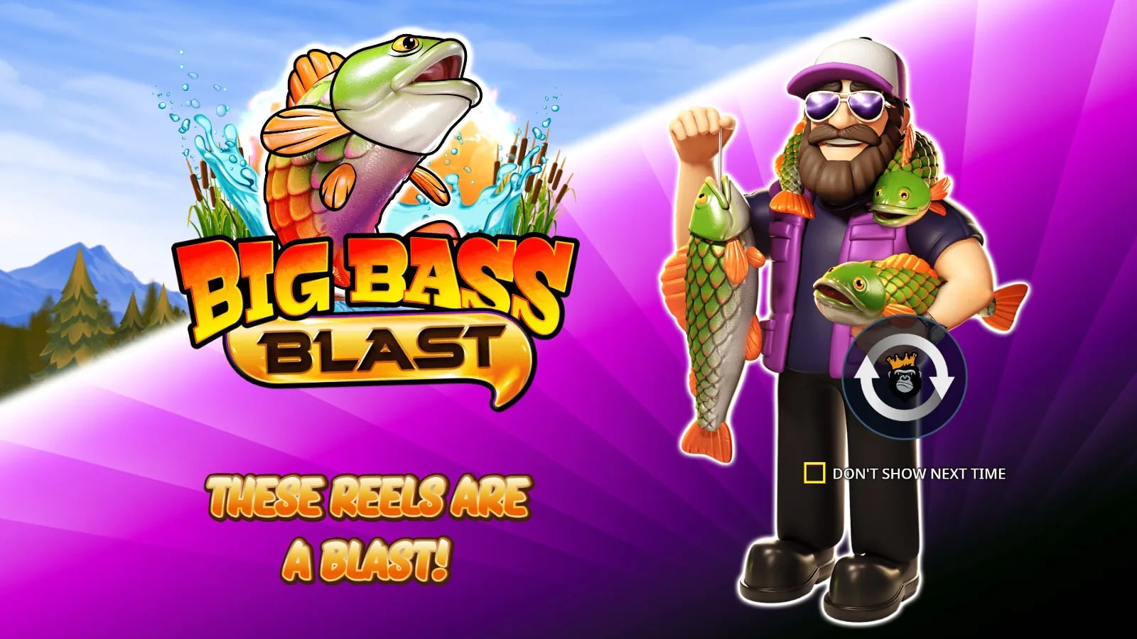 Big Bass Blast official demo opening with the electrified lake, five reels and Fisherman artwork