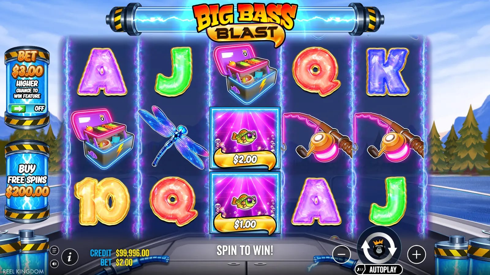 Big Bass Blast base spin showing fish money symbols, Fisherman positions and the virtual balance