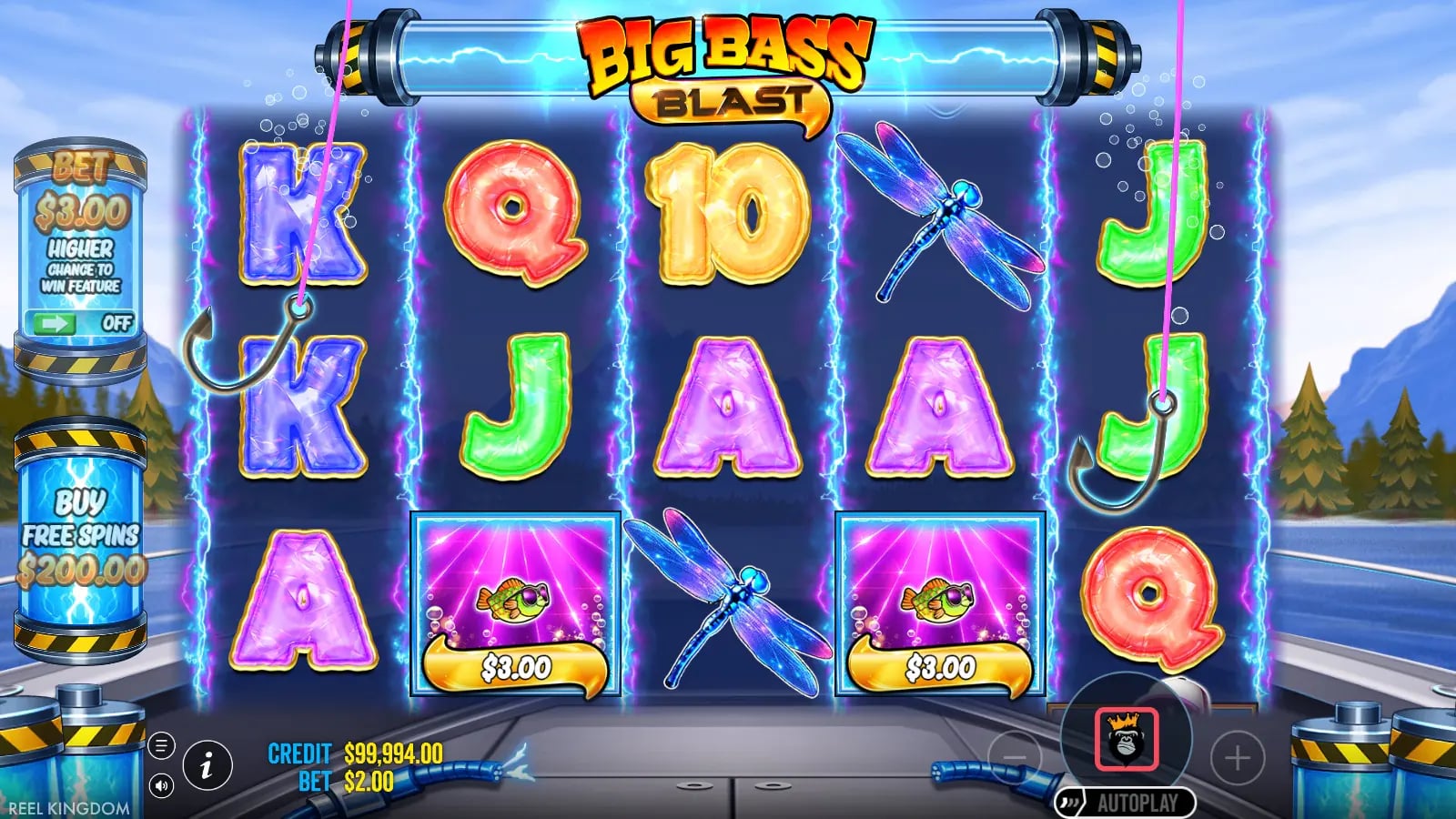 Big Bass Blast settled official game screen with Scatters, paylines and spin controls in view