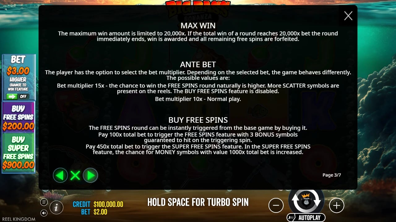Big Bass Bonanza 1000 rules for the maximum win, Ante Bet and bonus purchases