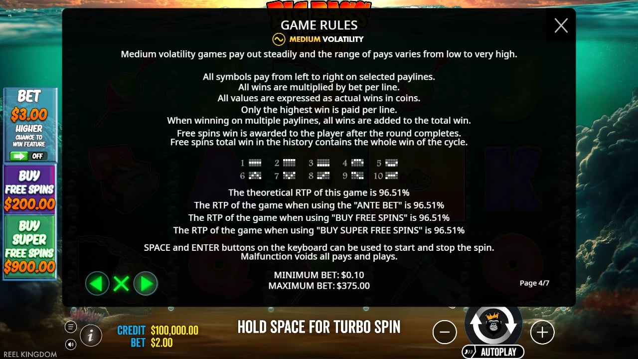 Big Bass Bonanza 1000 rules with ten paylines, mode RTP and the displayed stake range