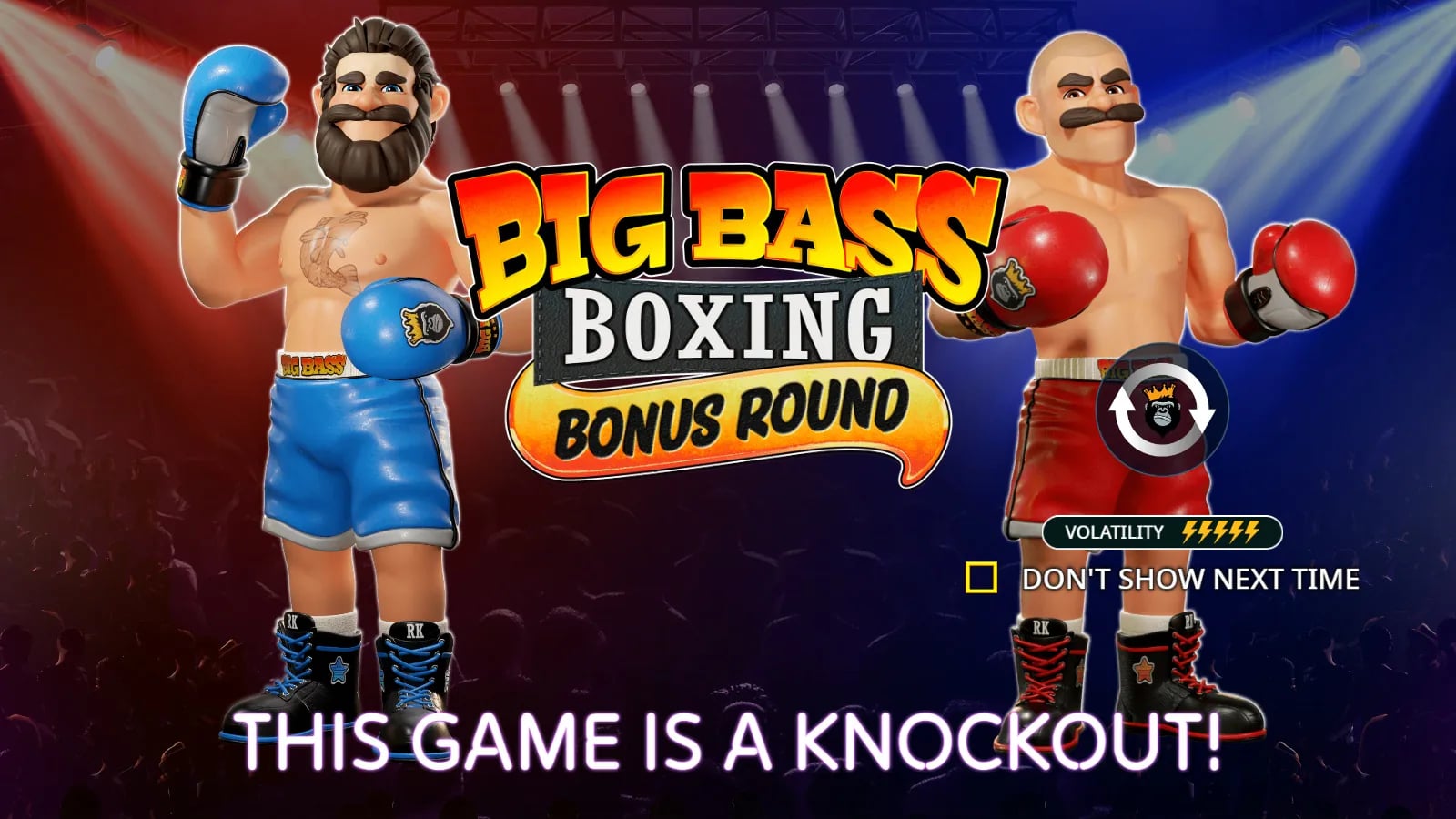Big Bass Boxing Bonus Round title splash with two boxers and an unlabelled volatility icon scale.