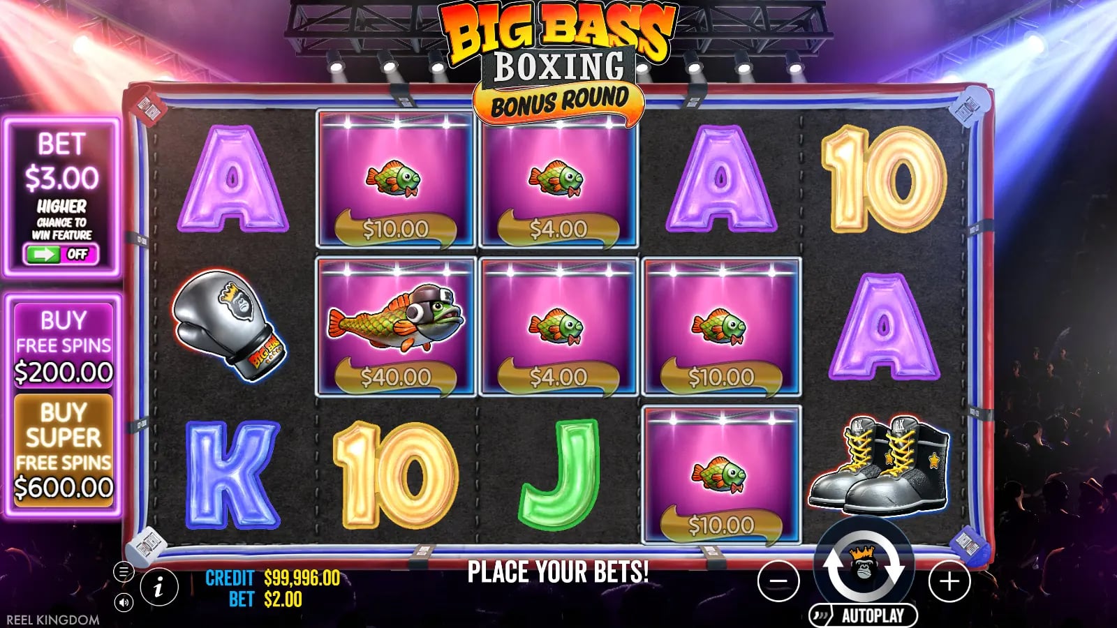 Big Bass Boxing Bonus Round ordinary reels with five printed cash-fish values and a glove symbol.