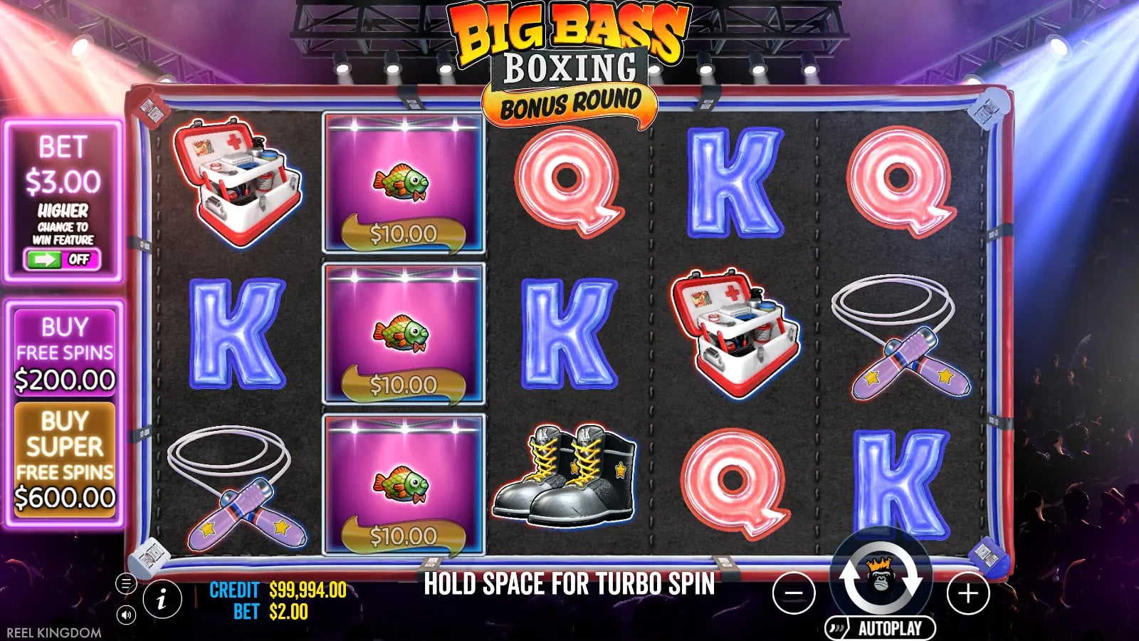 Big Bass Boxing Bonus Round later ordinary board with three $10 fish symbols on reel two.