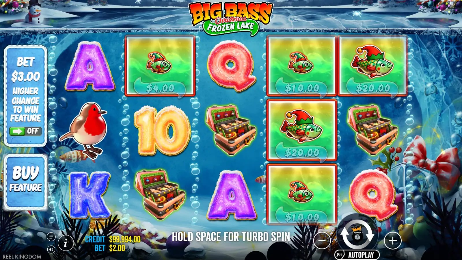 Big Bass Christmas Frozen Lake settled base spin with fisherman and scatter symbols