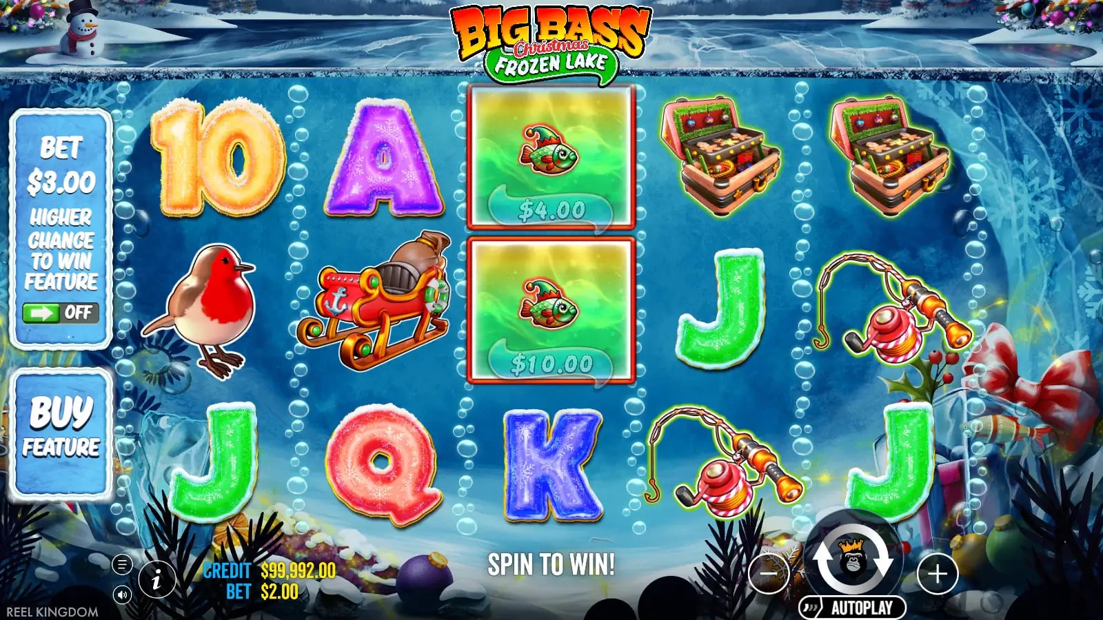 Big Bass Christmas Frozen Lake later official demo state with full controls visible