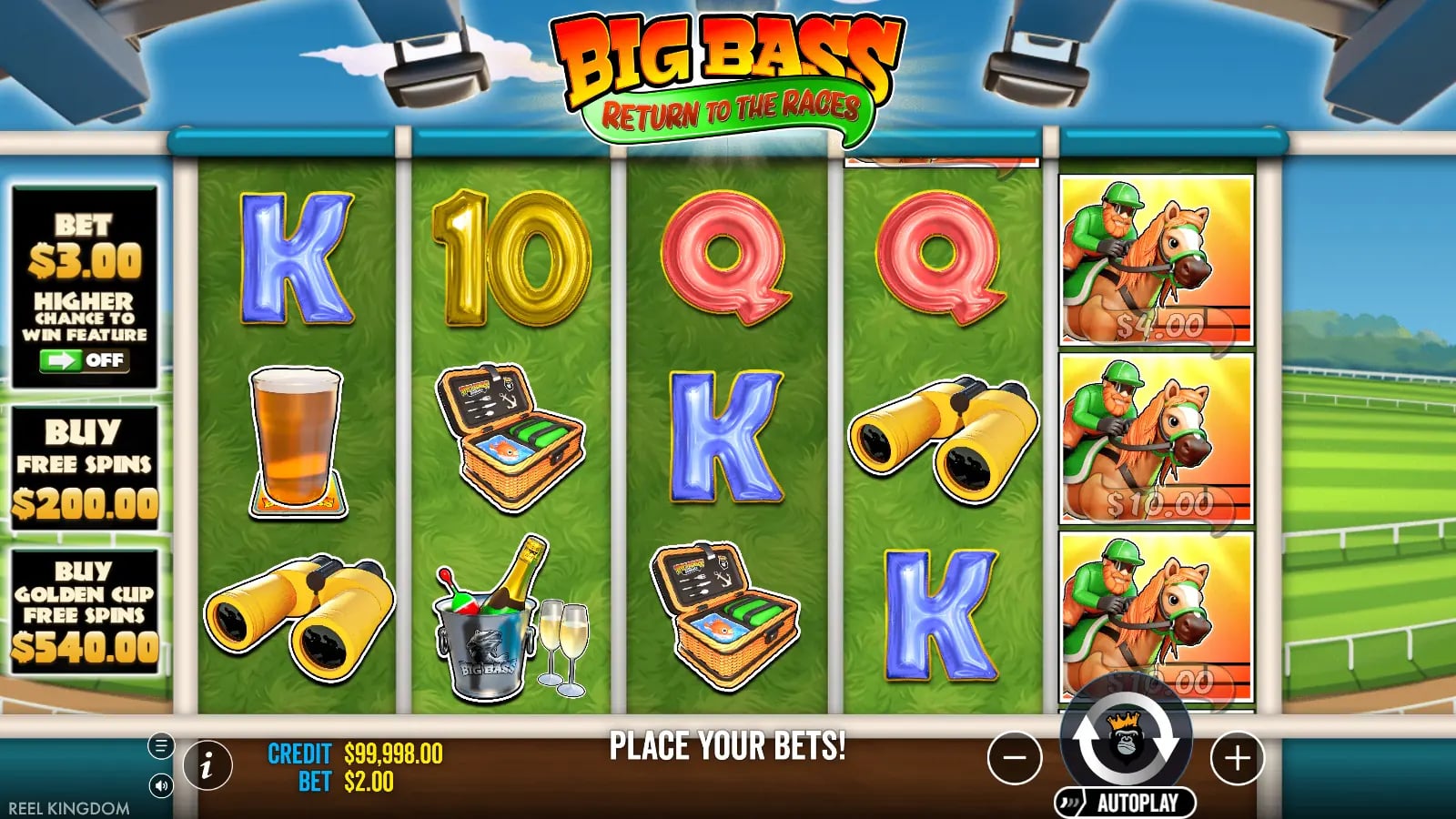 Big Bass Return to the Races live reels with Wild meters and controls shown