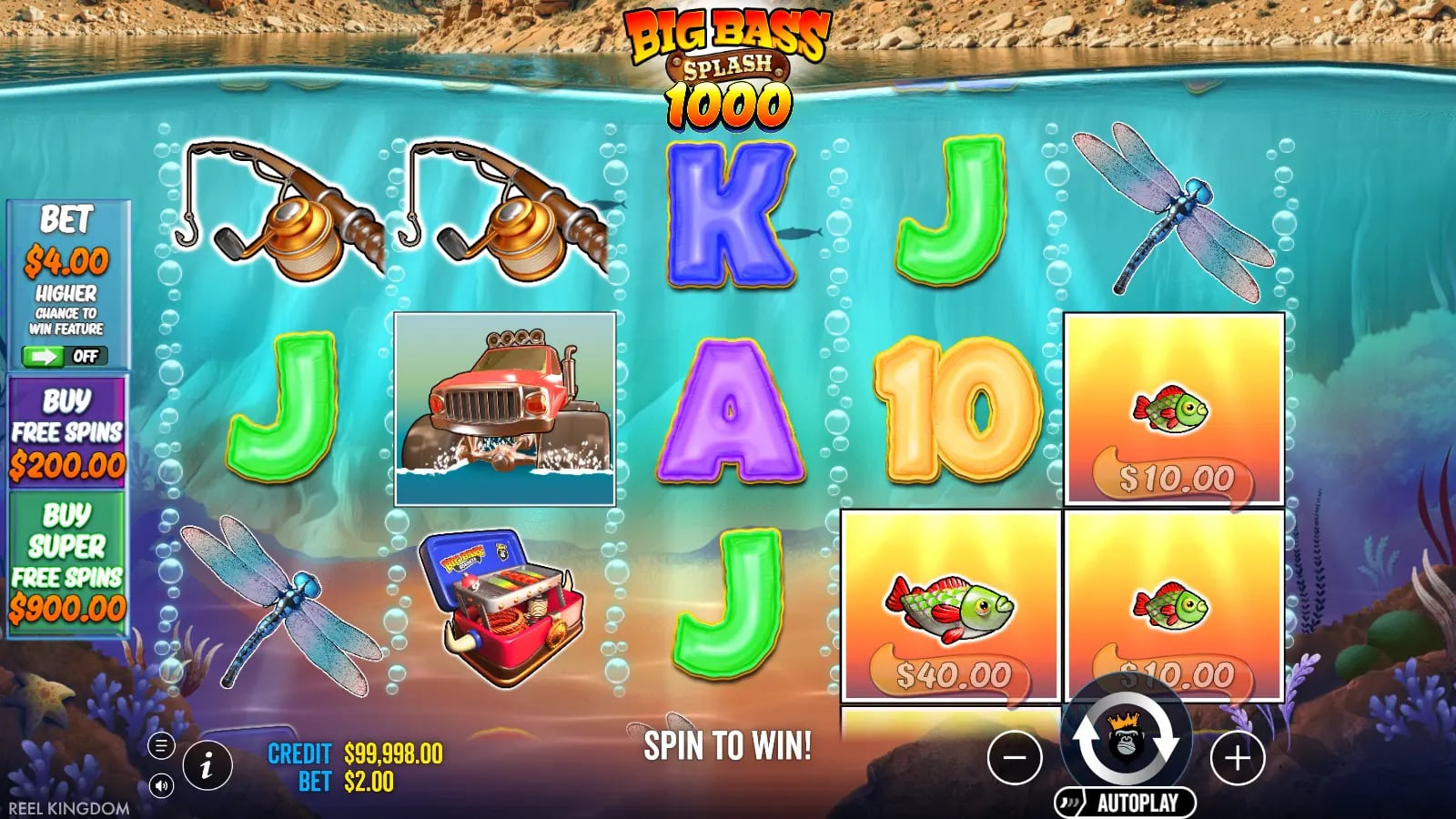 Big Bass Splash 1000 settled base spin with fish symbols and fisherman meter visible