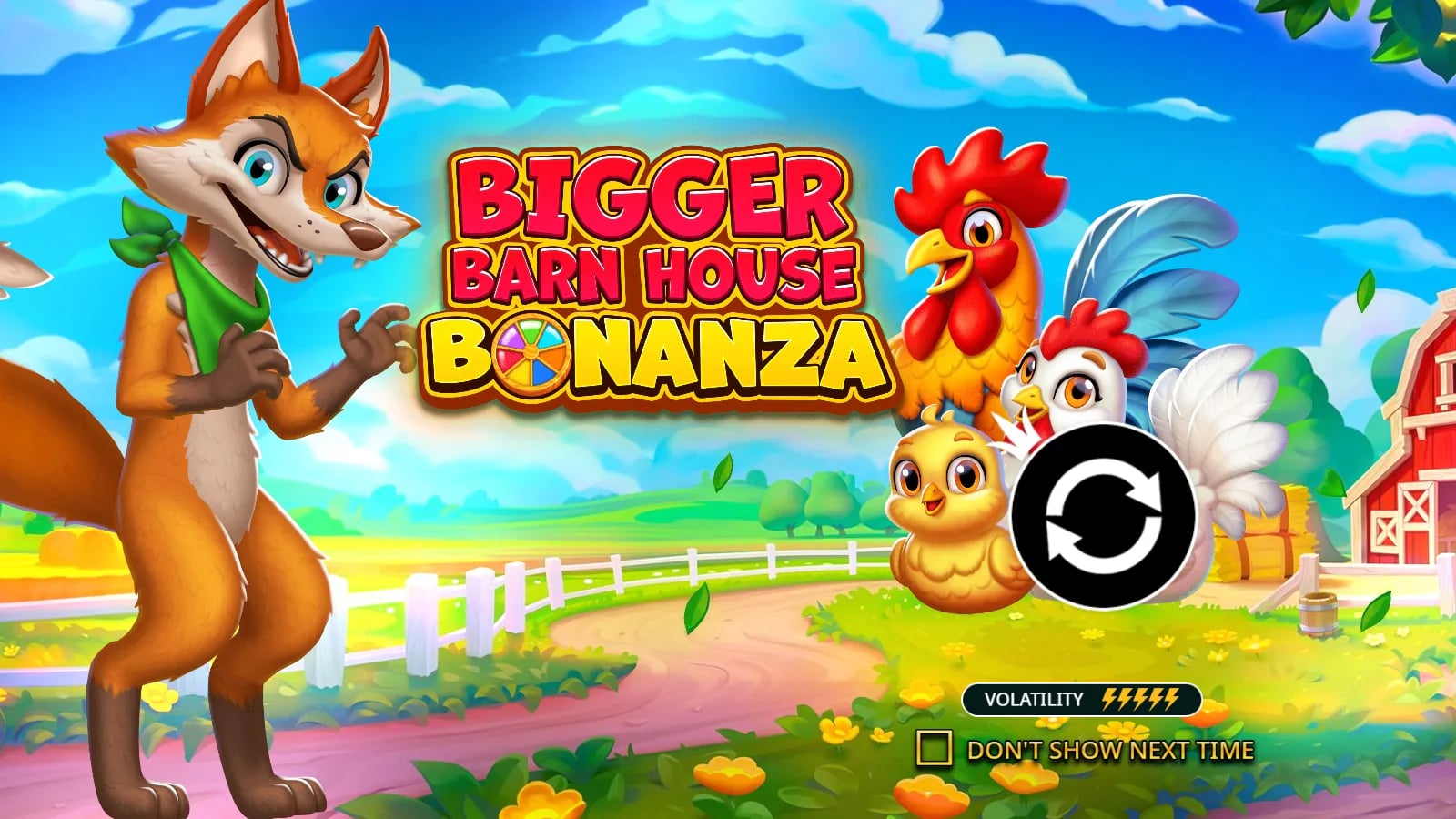 Bigger Barn House Bonanza illustrated farm title with a fox, rooster and hens