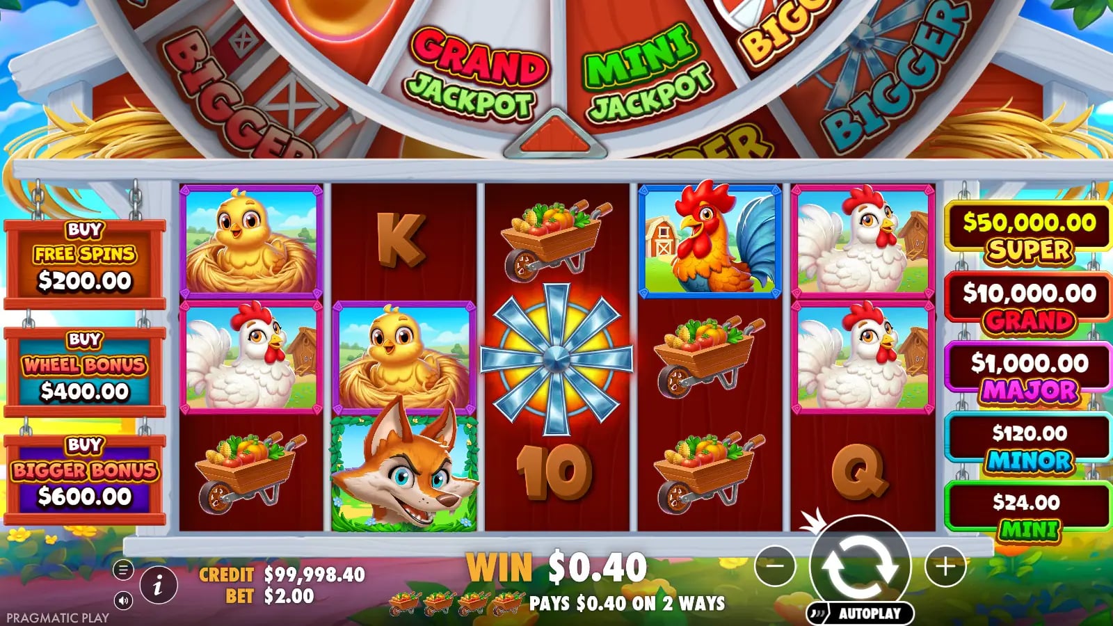 Bigger Barn House Bonanza ordinary base result with a Wheel above the reels and jackpot tiers at right