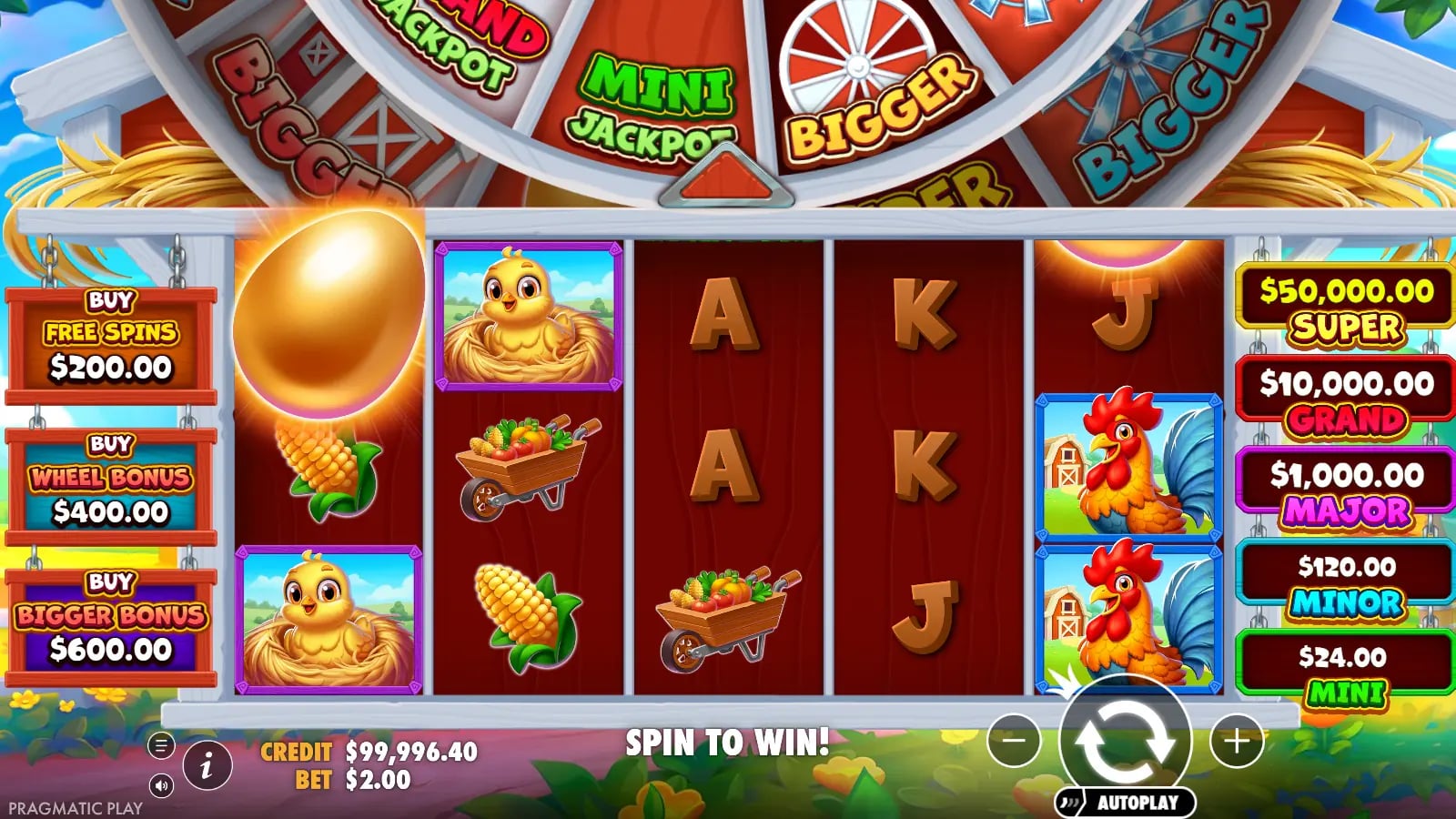 Bigger Barn House Bonanza later base result with golden eggs, Wheel display and jackpot tiers