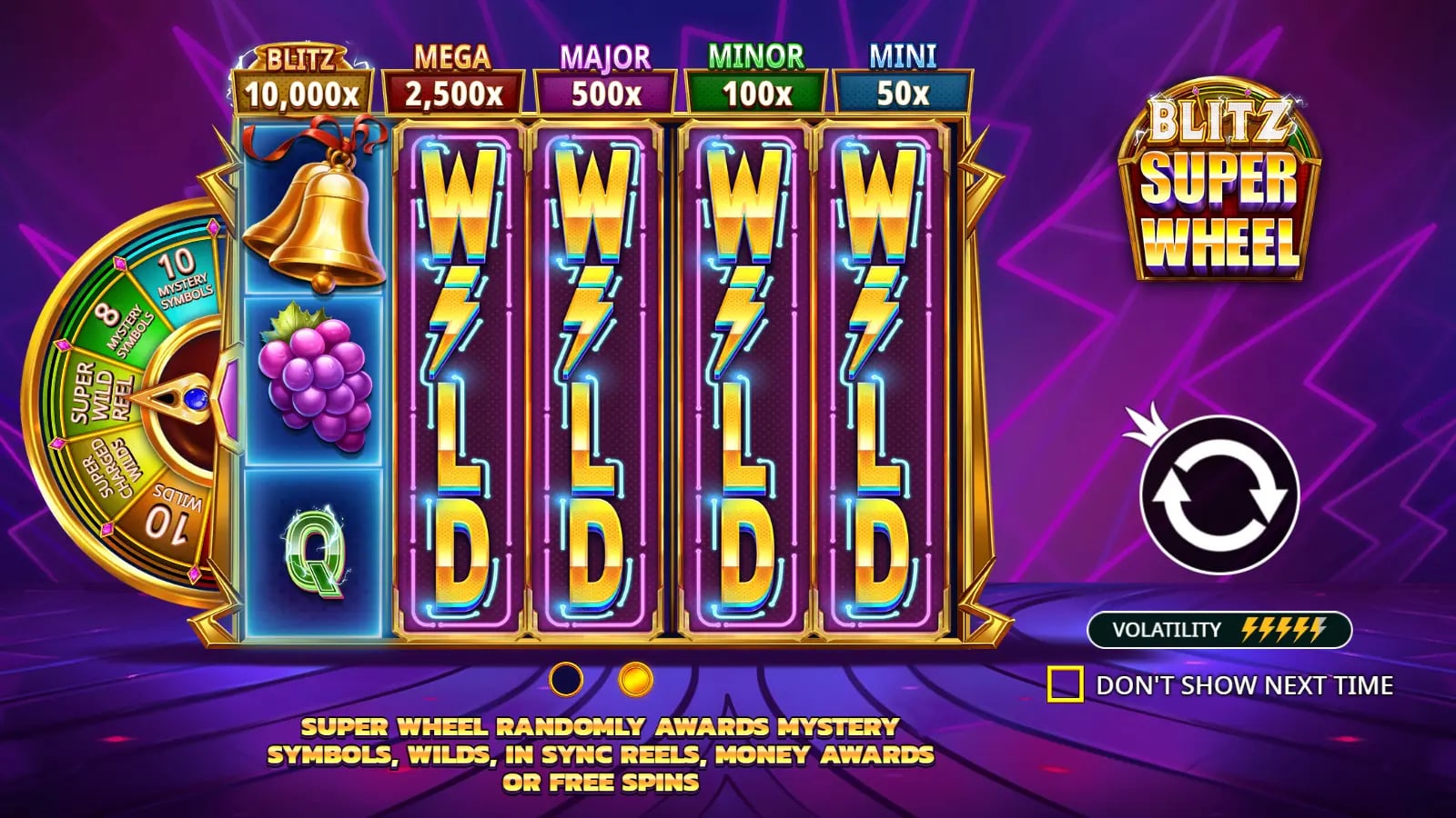 Blitz Super Wheel instructional frame with stacked Wild illustration, prize wheel, jackpot tiers and volatility gauge.