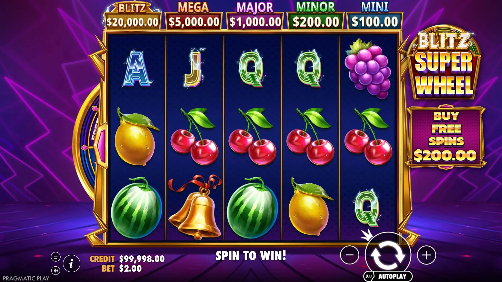 Blitz Super Wheel ordinary five-by-three board with fruit and letter symbols, jackpot amounts and virtual-credit controls.