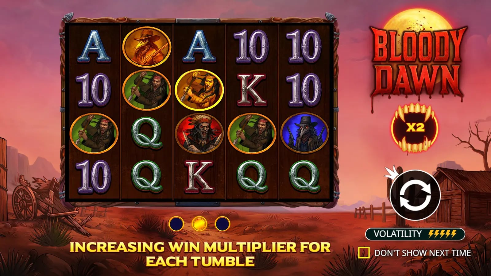 Bloody Dawn illustrated introduction showing the dark reels and a multiplier symbol