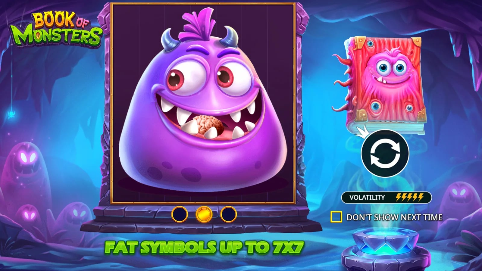 Book of Monsters intro art with a purple monster, living book and 7×7 Fat-symbol headline, before the reels appear.