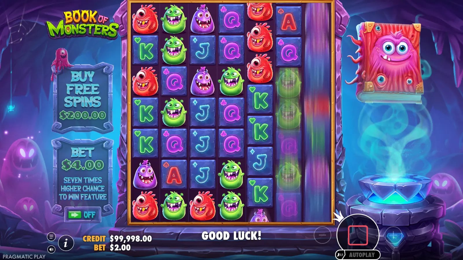 Book of Monsters ordinary 7×7 demo spin with monster tiles, a $2 virtual bet and bonus-purchase controls.