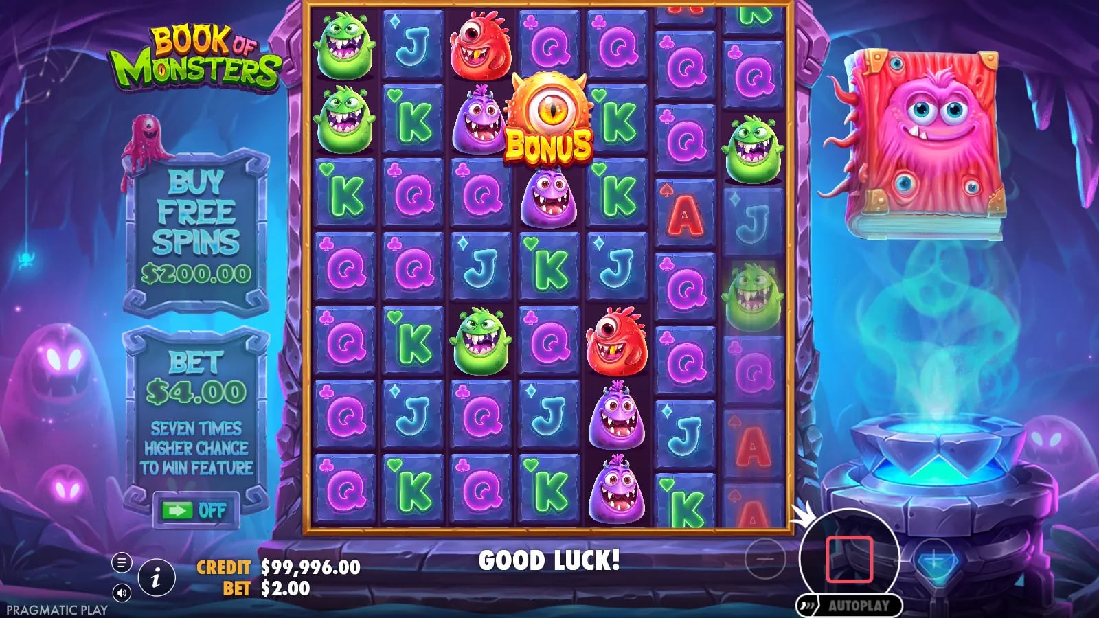Book of Monsters later 7×7 demo spin with one BONUS eye and no active Free Spins round.