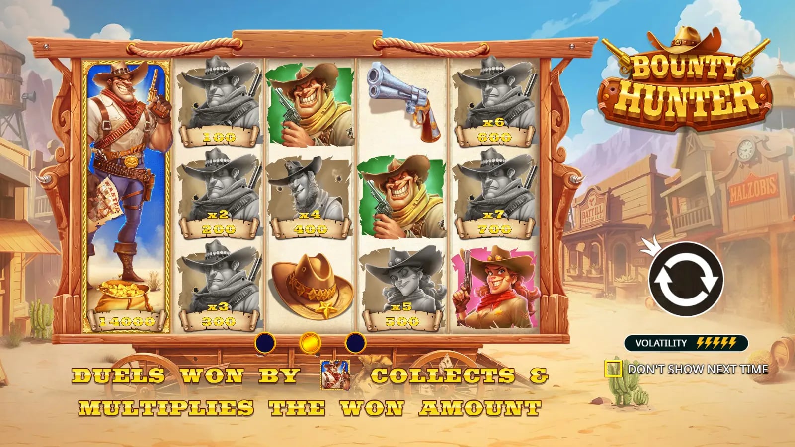 Bounty Hunter illustrated pre-play screen with Collector and money values from 2x to 7x