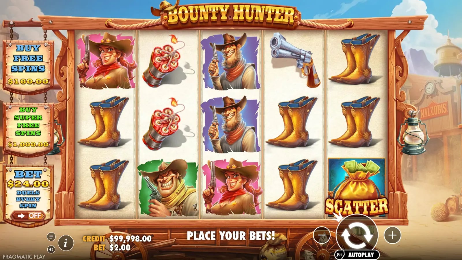 Bounty Hunter ordinary base result with one cash-bag Scatter and feature controls