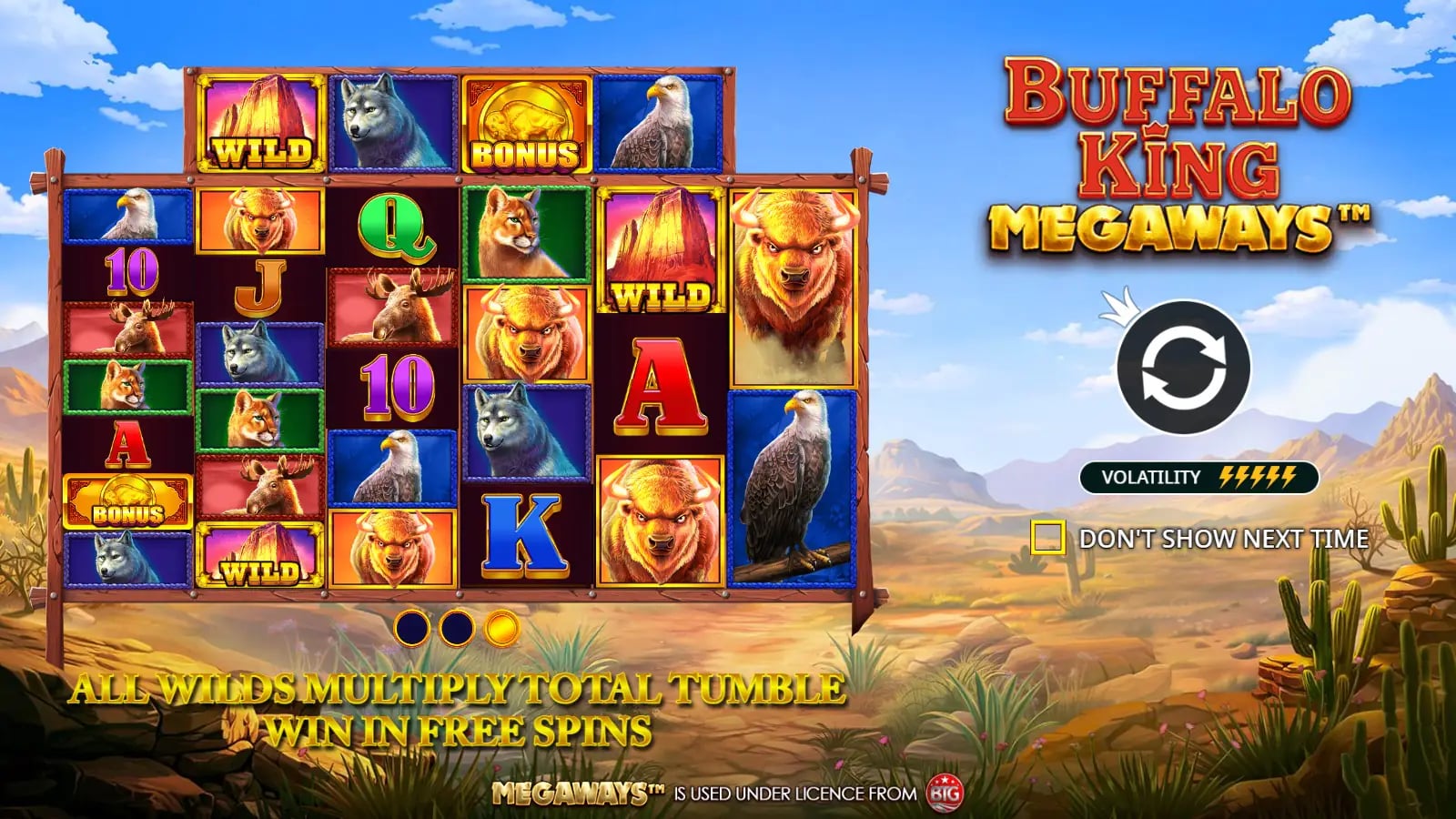 Buffalo King Megaways official demo opening with buffalo symbols across six variable-height reels