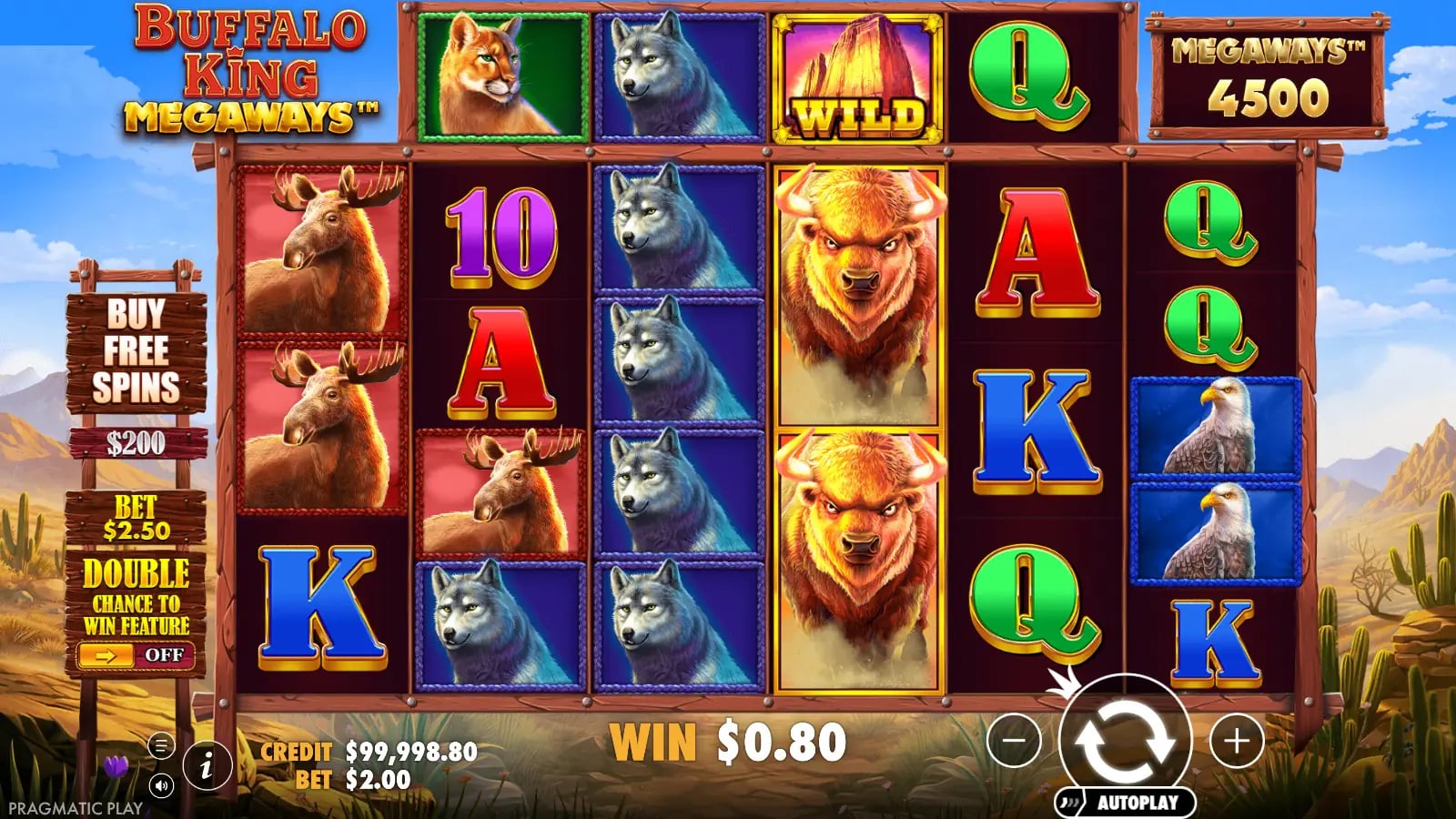 Buffalo King Megaways settled game result with Bonus symbols, ways counter and spin controls visible