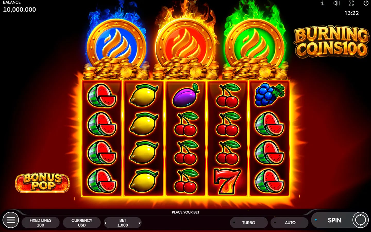Burning Coins 100 base game with classic fruit symbols across a 5x4 reel layout