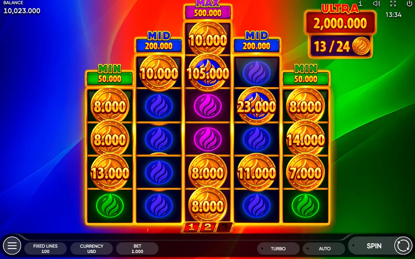 Burning Coins 100 multicolour Collector bonus with red, purple and green coin groups