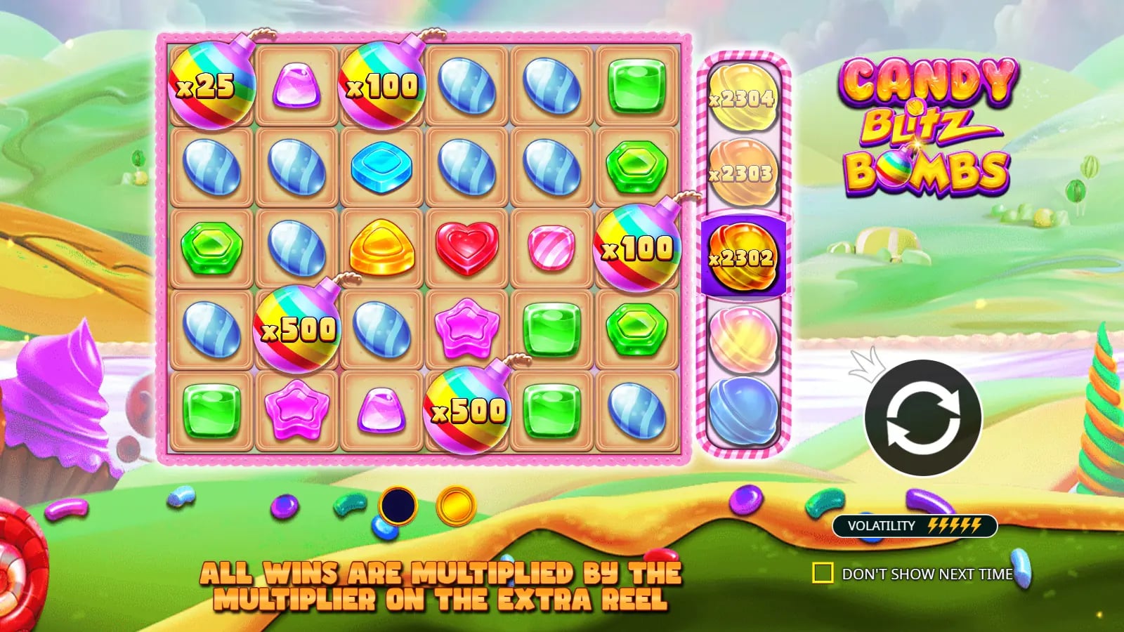 Candy Blitz Bombs teaching screen with illustrated Bomb values and multiplier reel beside a 6×5 grid.
