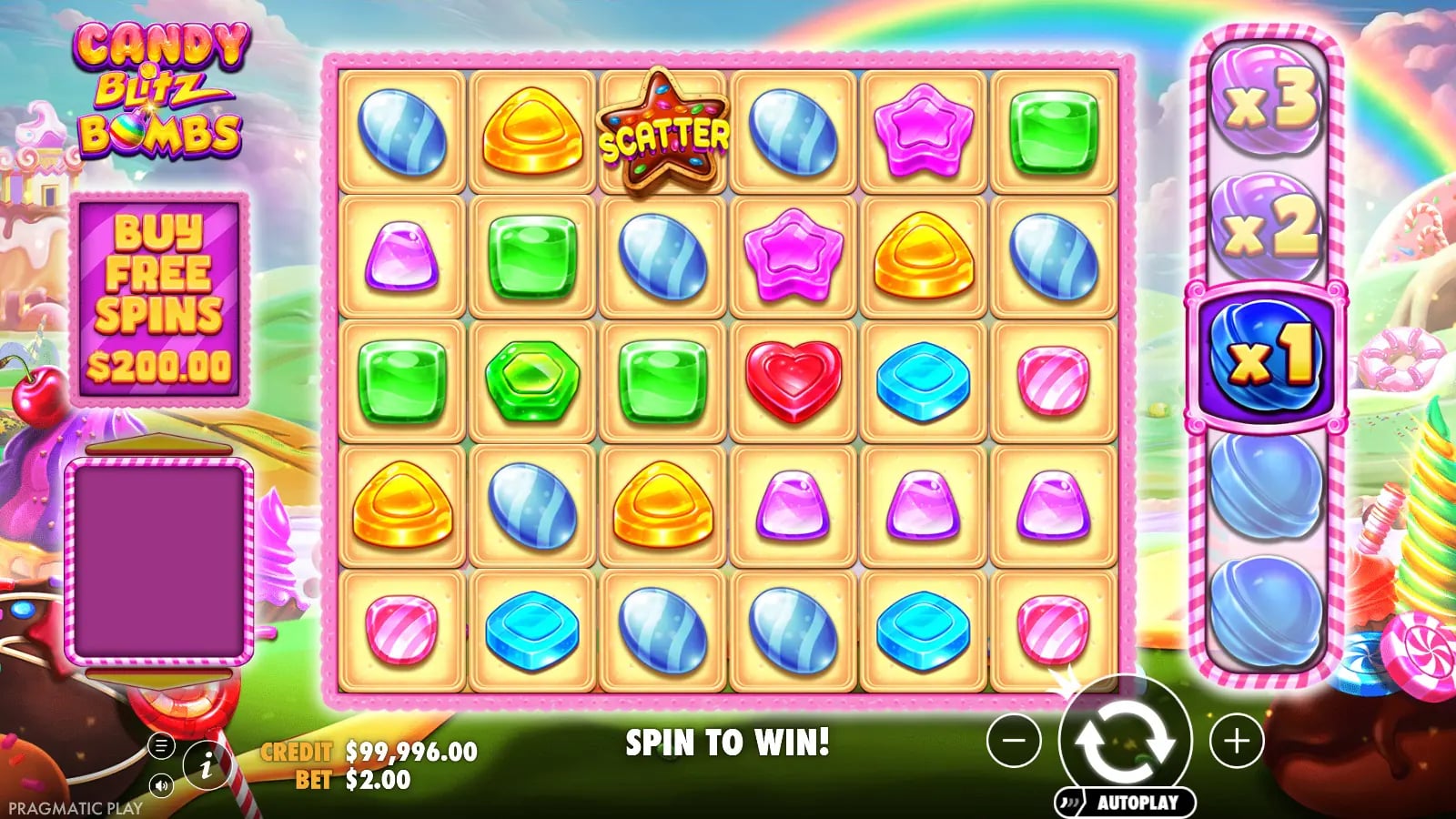 Candy Blitz Bombs ordinary 6×5 board with one Scatter and a 1× reel position at a $2 virtual bet.