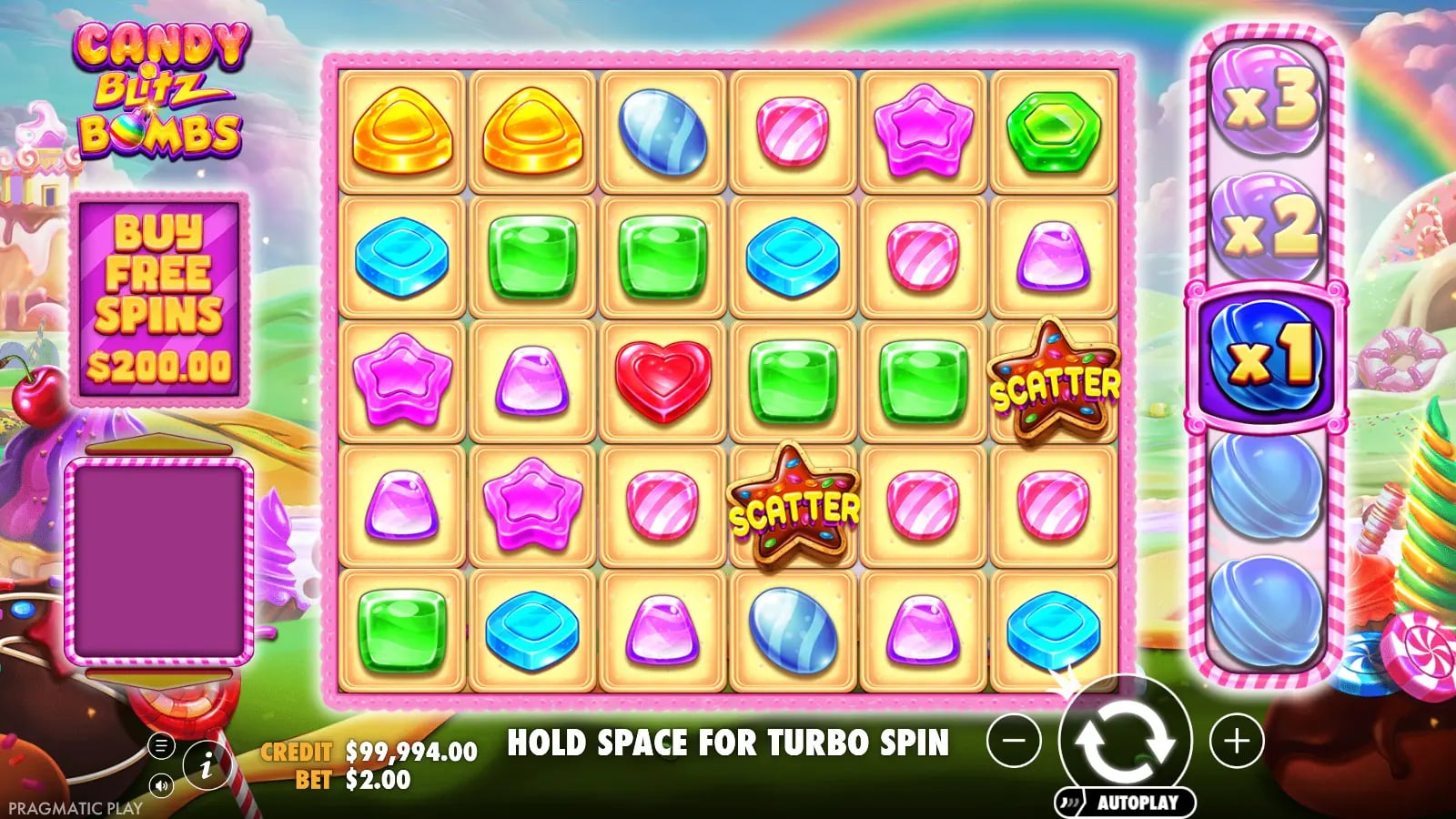 Candy Blitz Bombs later ordinary board with two Scatters and a 1× multiplier-reel position.