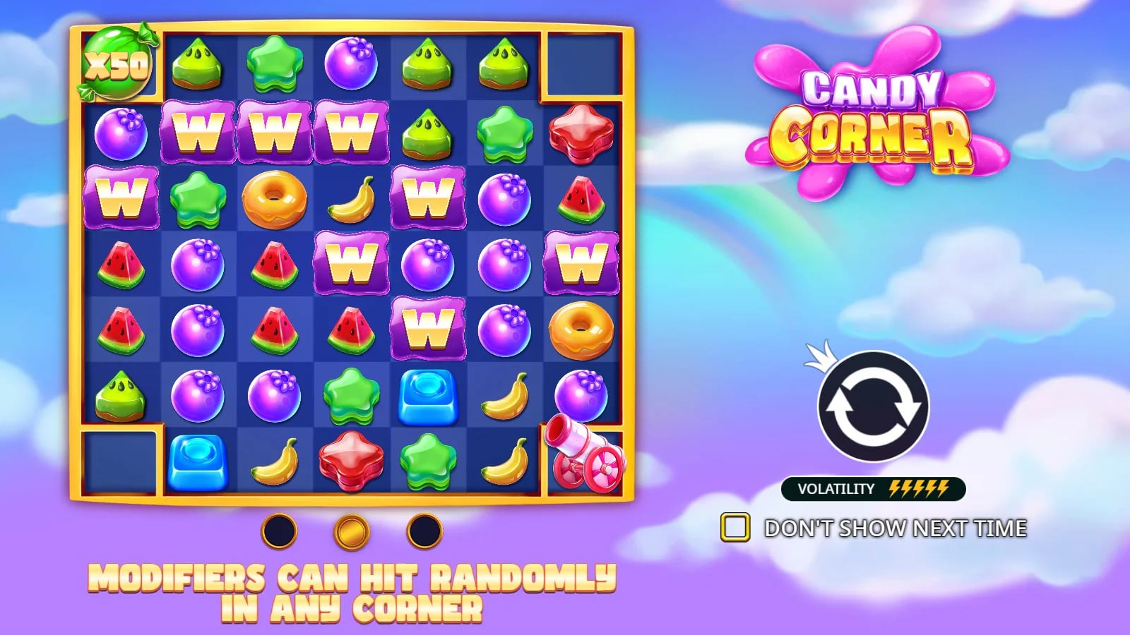 Candy Corner illustrated opening showing a 7×7 candy board, sample Wilds, a green x50 corner icon and a cannon before paid play.